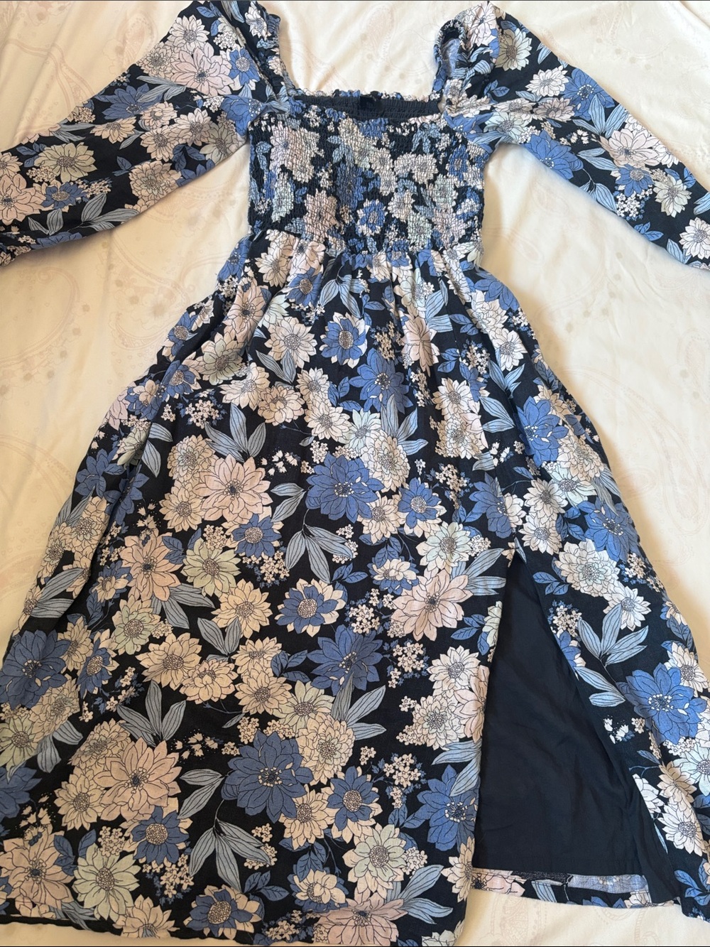 100% Linen Floral Off-Shoulder Midi Dress in Navy and Blue